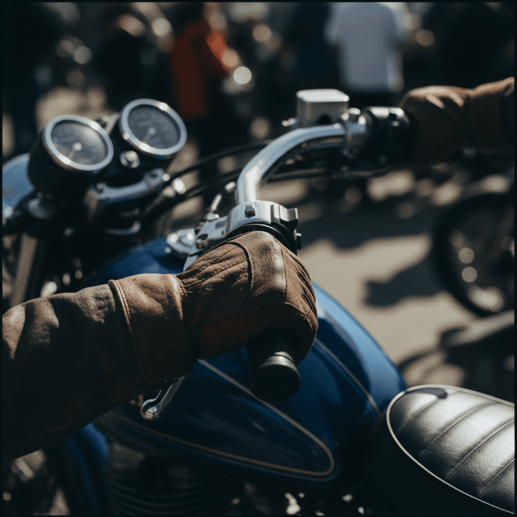Detalhe das mãos de um motociclista com equipamento de proteção adequado